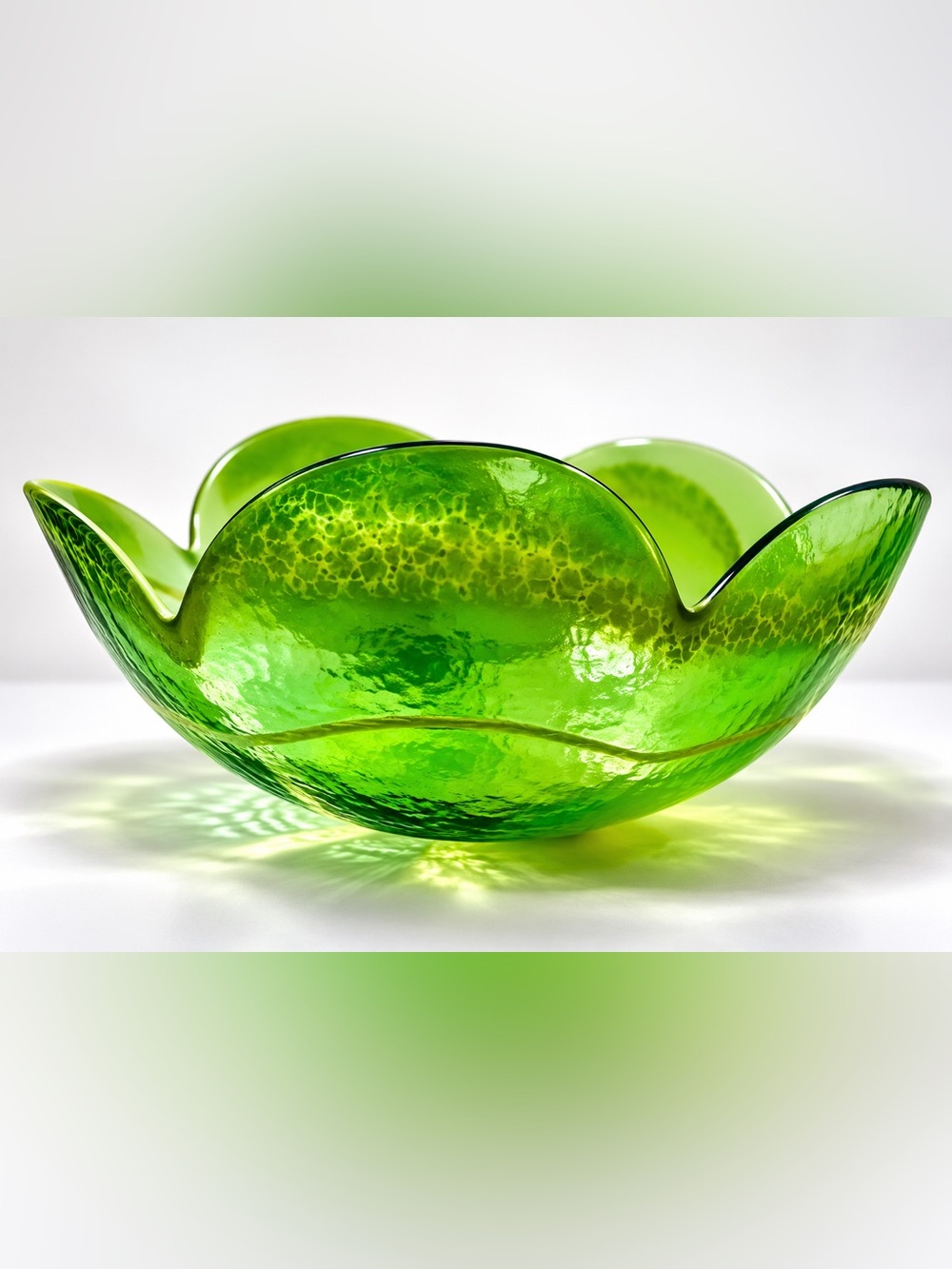 Vintage Green Art Glass Petal Bowl 10.5” MCM Scalloped Flower Centerpiece